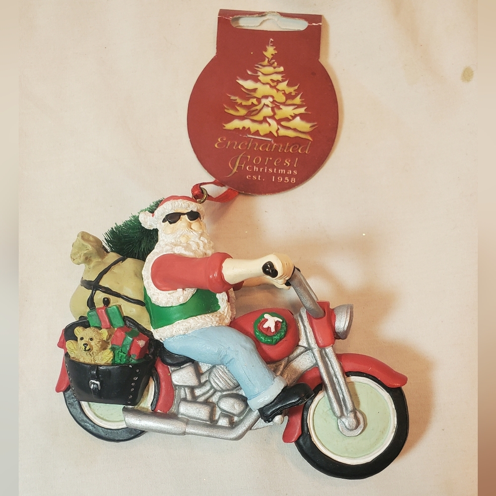 Santa Claus on Motorcycle Ornament Vintage 2003 Enchanted Forest Tree Presents